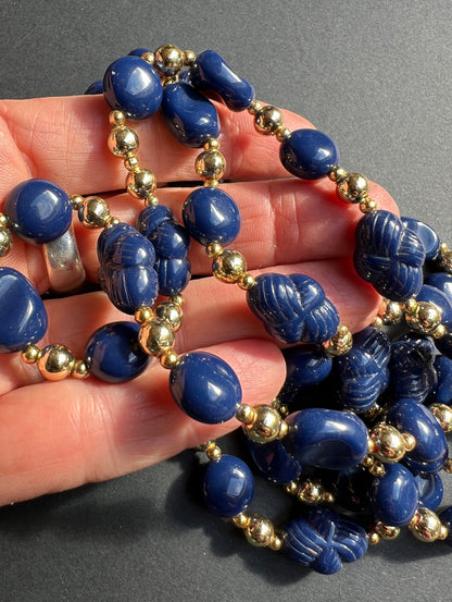 Long 48" Blue and Gold Vintage Knotted Lucite Beads