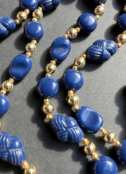 Long 48" Blue and Gold Vintage Knotted Lucite Beads