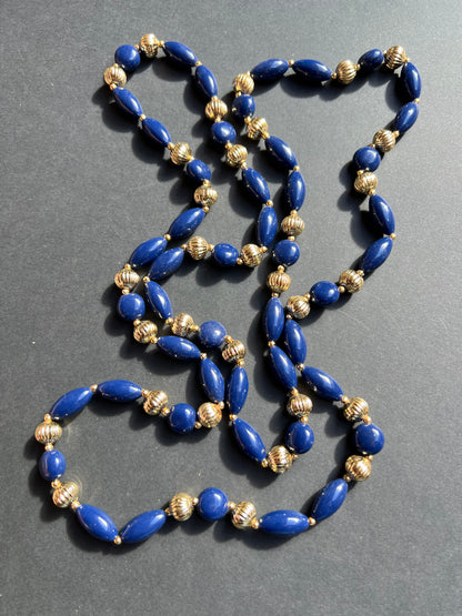 Long  Royal Blue and Gold Vintage Lucite Beads