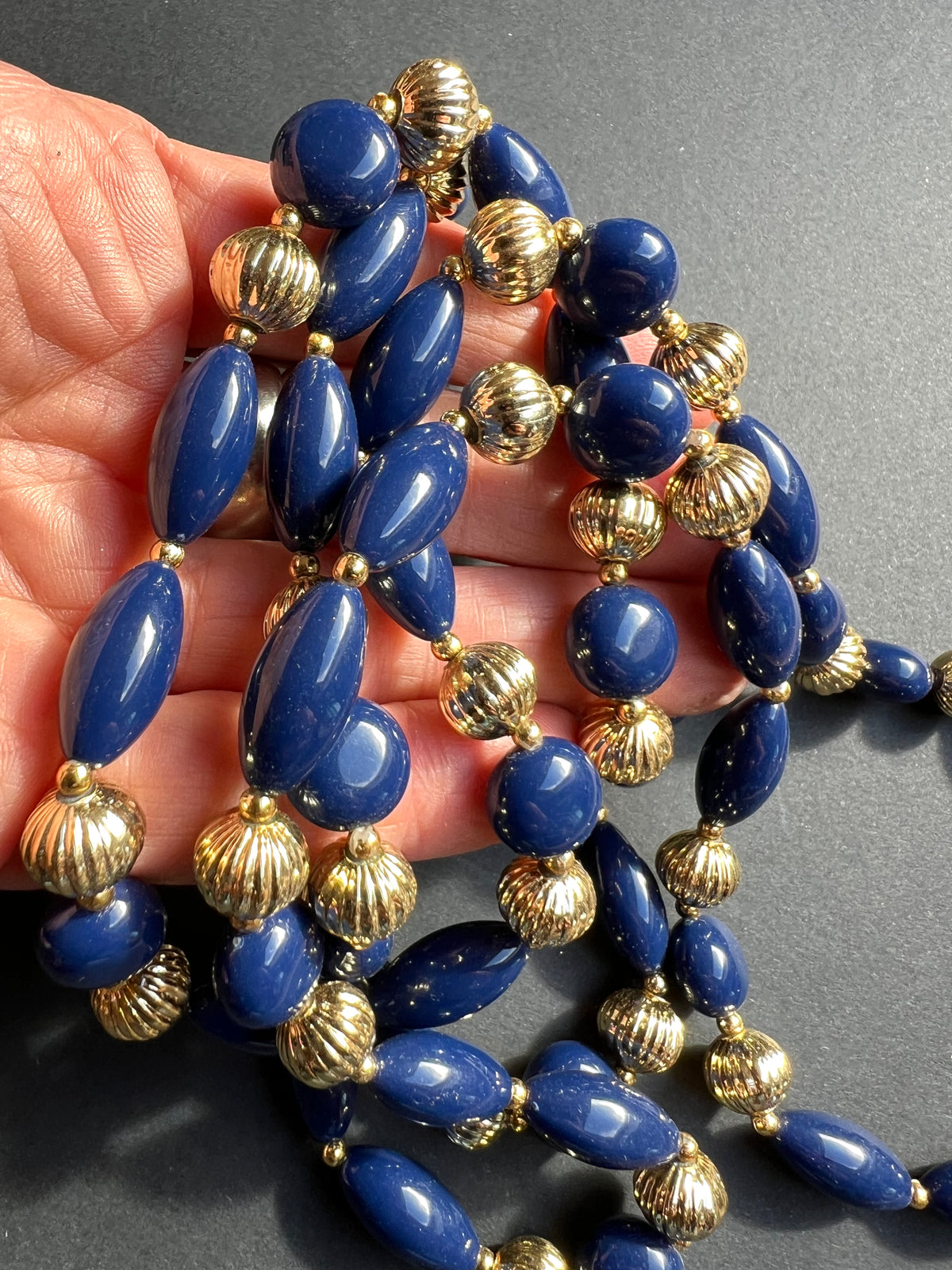 Long  Royal Blue and Gold Vintage Lucite Beads