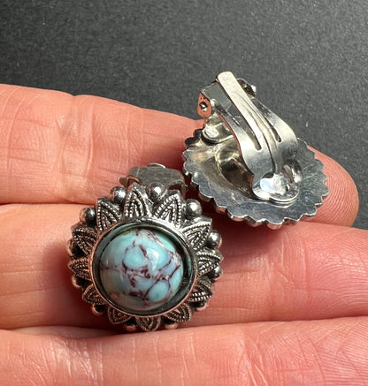 Vintage Decorative Faux Turquoise Clip On Earrings