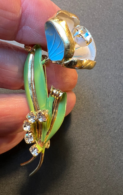 Gorgeous Vintage 1950s Blue  & Green Enamelled Metal and Diamante Brooch