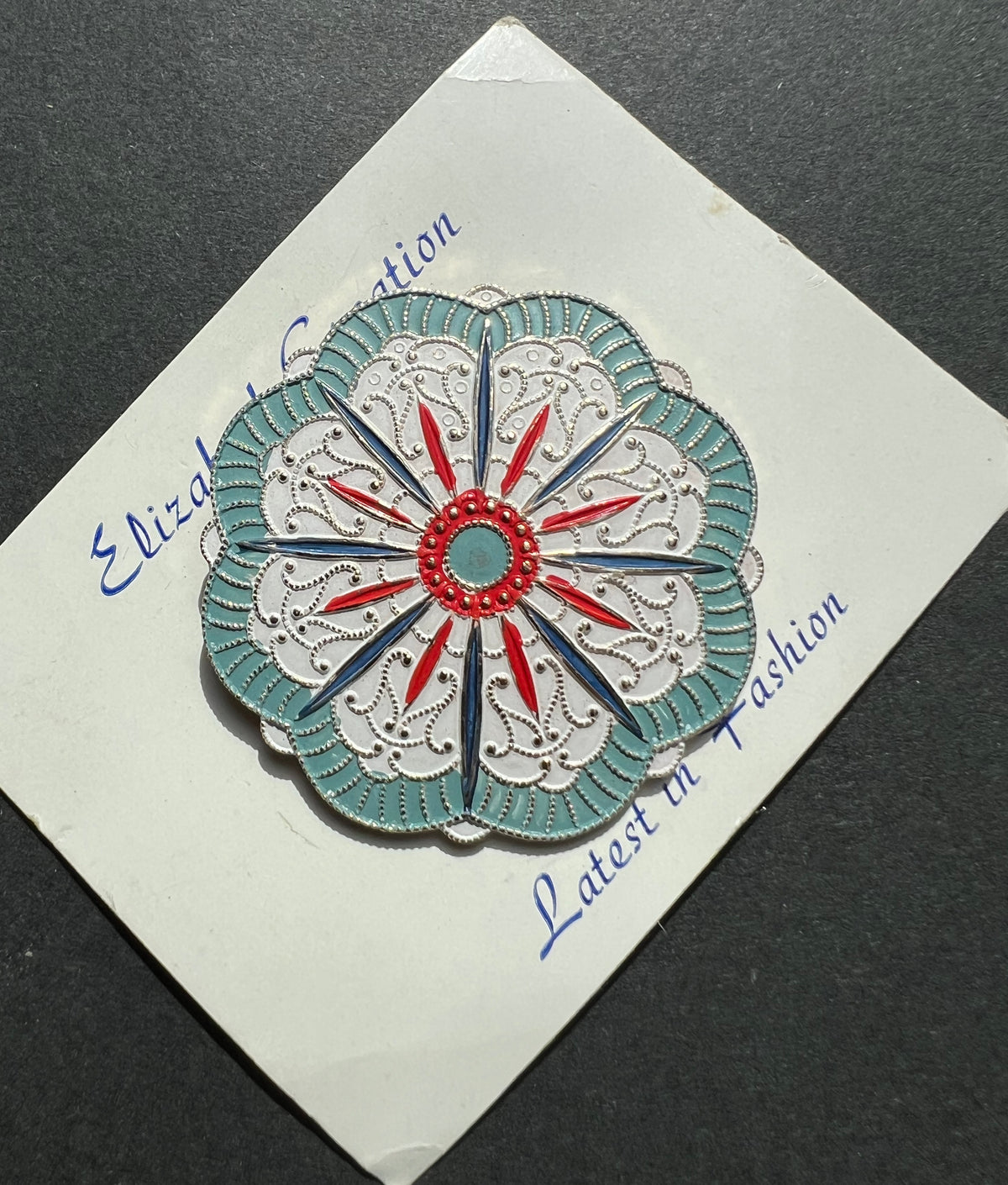 Lovely Vintage Blue, White + Red Enamelled Metal Brooch