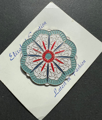 Lovely Vintage Blue, White + Red Enamelled Metal Brooch