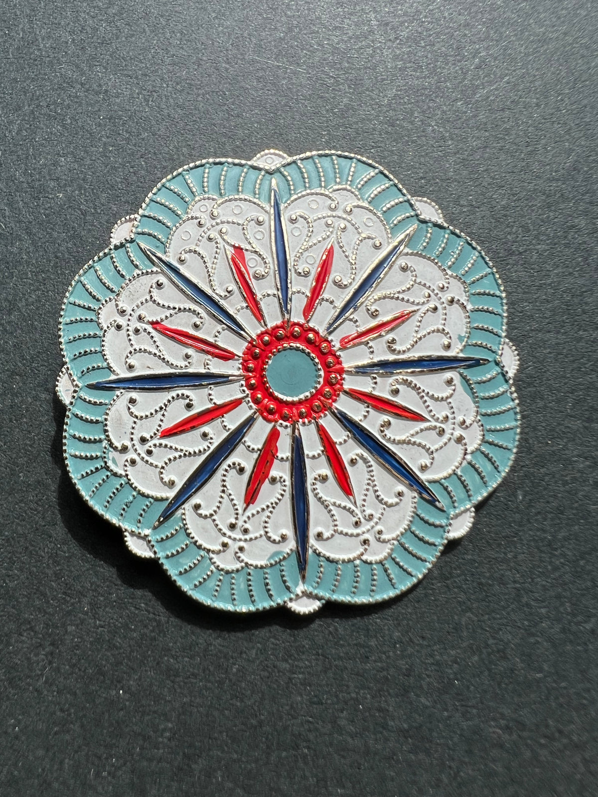 Lovely Vintage Blue, White + Red Enamelled Metal Brooch