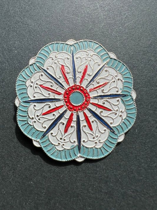 Lovely Vintage Blue, White + Red Enamelled Metal Brooch