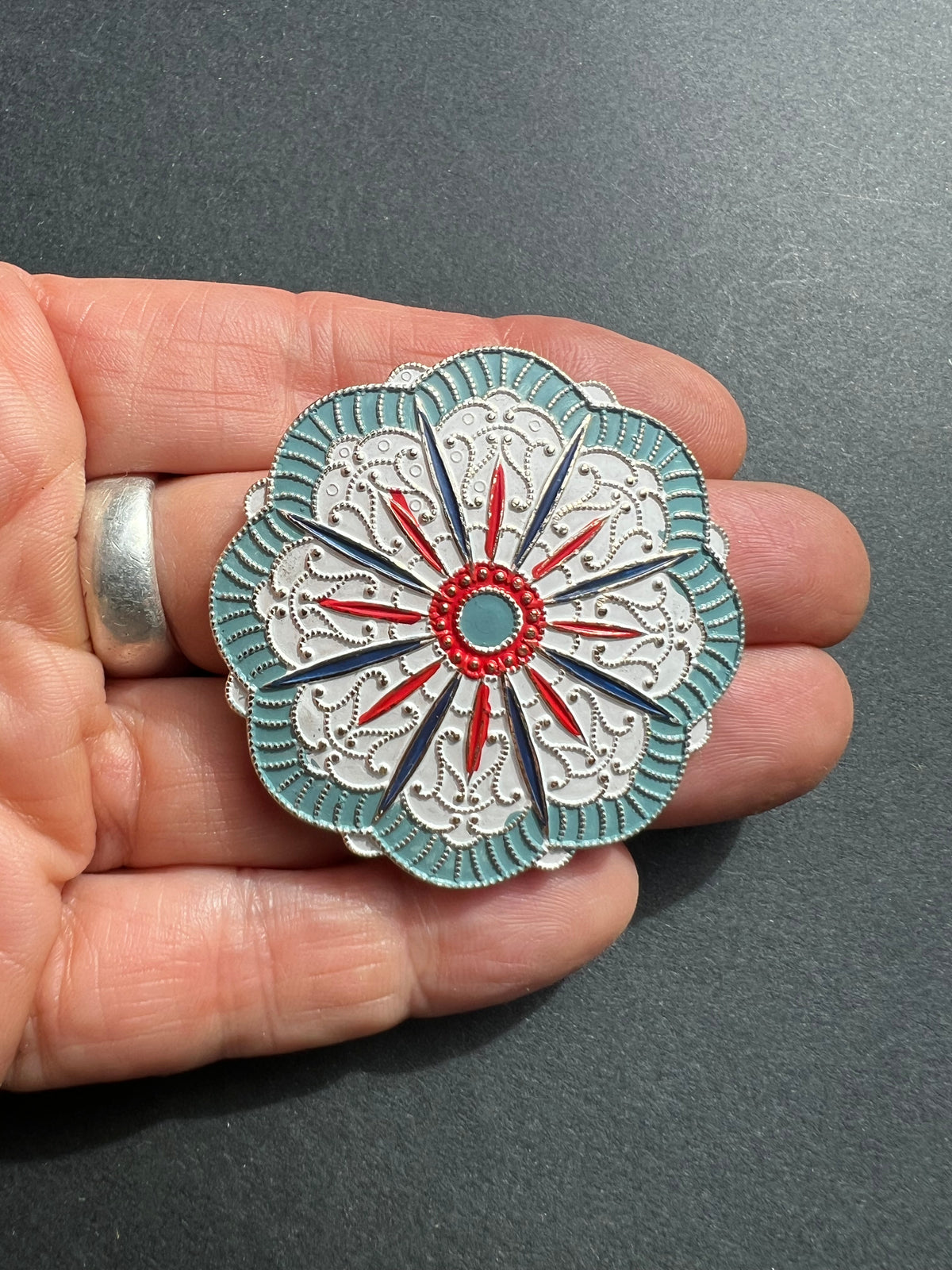 Lovely Vintage Blue, White + Red Enamelled Metal Brooch