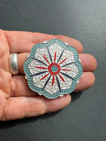 Lovely Vintage Blue, White + Red Enamelled Metal Brooch