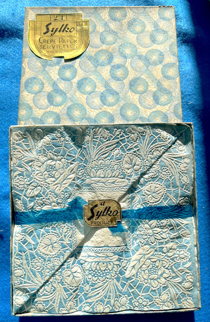 1930s Box of 24 Sylko Crepe Paper Serviettes Made in England - Blue Floral