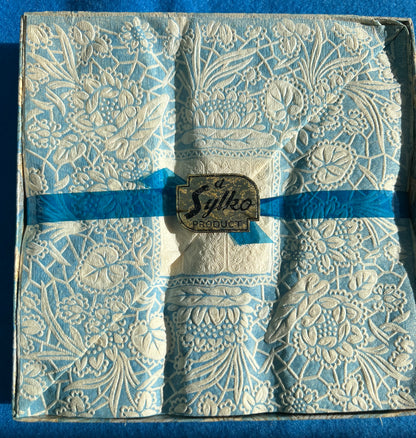 1930s Box of 24 Sylko Crepe Paper Serviettes Made in England - Blue Floral