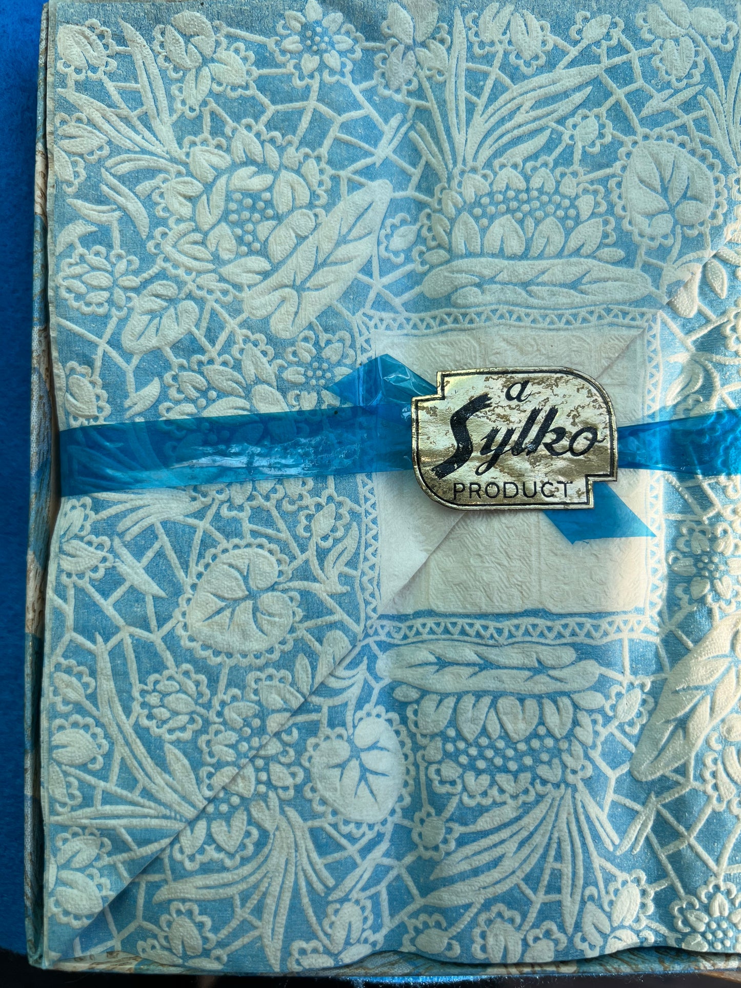 1930s Box of 24 Sylko Crepe Paper Serviettes Made in England - Blue Floral