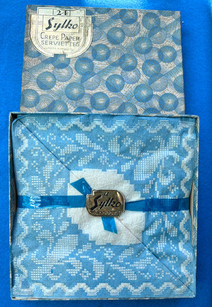 1930s Box of 24 Blue Sylko Crepe Paper Serviettes Made in England