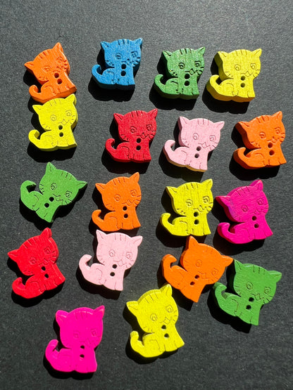 Job Lot of 14, 18 or 21 Colourful Little Wooden 1.5cm Cat Buttons