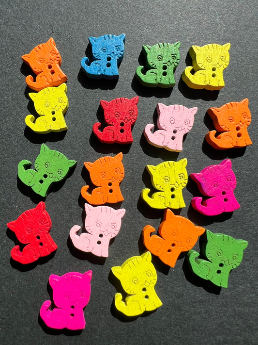 Job Lot of 14, 18 or 21 Colourful Little Wooden 1.5cm Cat Buttons