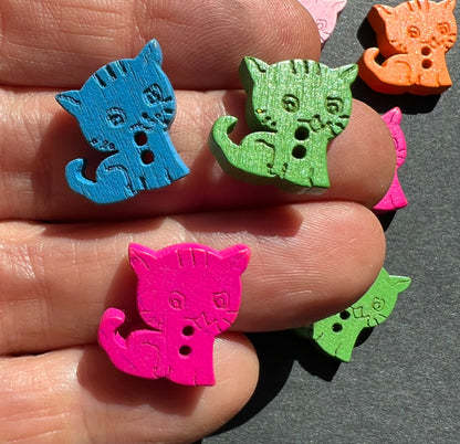 Job Lot of 14, 18 or 21 Colourful Little Wooden 1.5cm Cat Buttons