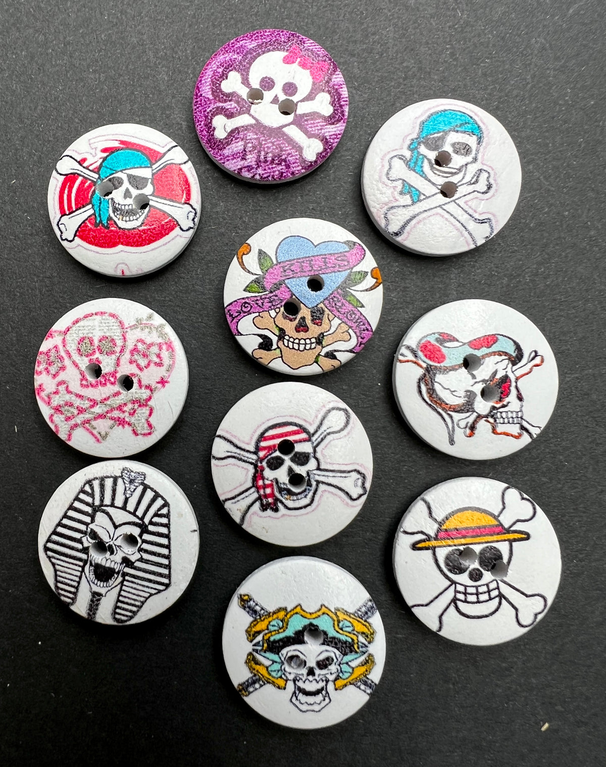 Job Lot of 10, 12 or 17 Wooden Skull + Crossbones Buttons - Perfect for Halloween