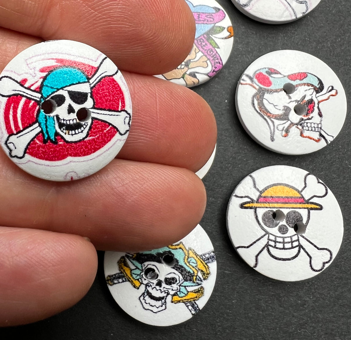 Job Lot of 10, 12 or 17 Wooden Skull + Crossbones Buttons - Perfect for Halloween