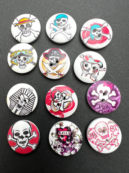 Job Lot of 10, 12 or 17 Wooden Skull + Crossbones Buttons - Perfect for Halloween