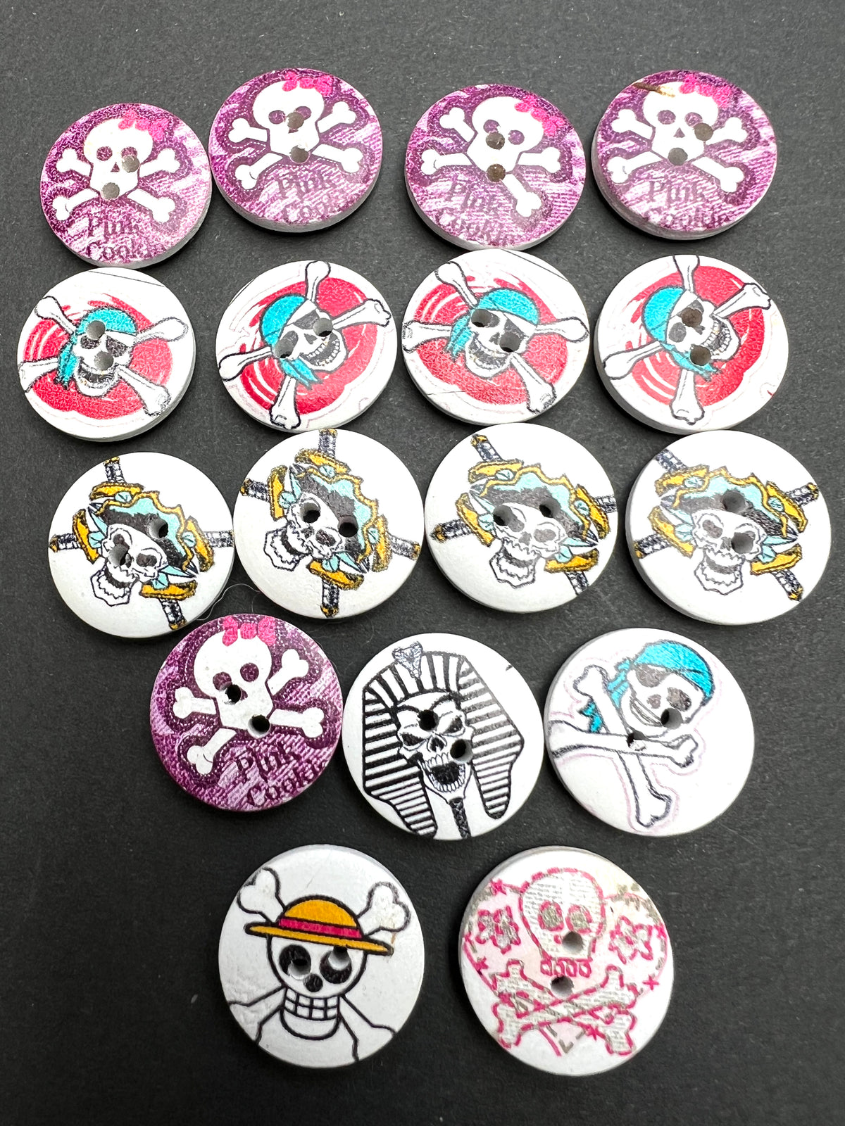 Job Lot of 10, 12 or 17 Wooden Skull + Crossbones Buttons - Perfect for Halloween