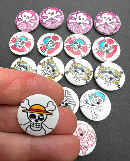Job Lot of 10, 12 or 17 Wooden Skull + Crossbones Buttons - Perfect for Halloween