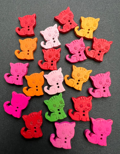 Job Lot of 14, 18 or 21 Colourful Little Wooden 1.5cm Cat Buttons