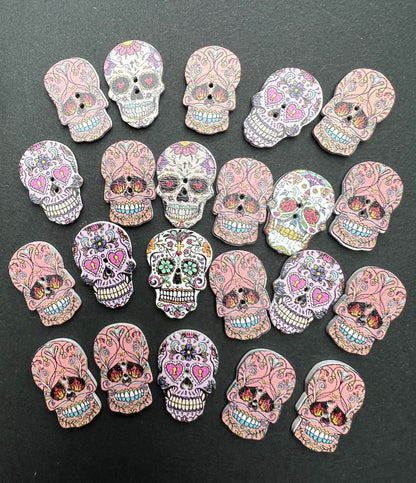 Job Lot of 8 or 20 Wooden Halloween Day of the Dead Skull Buttons