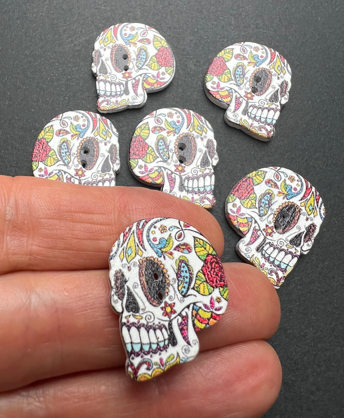 6 Big Wooden Halloween Day of the Dead Skull Buttons