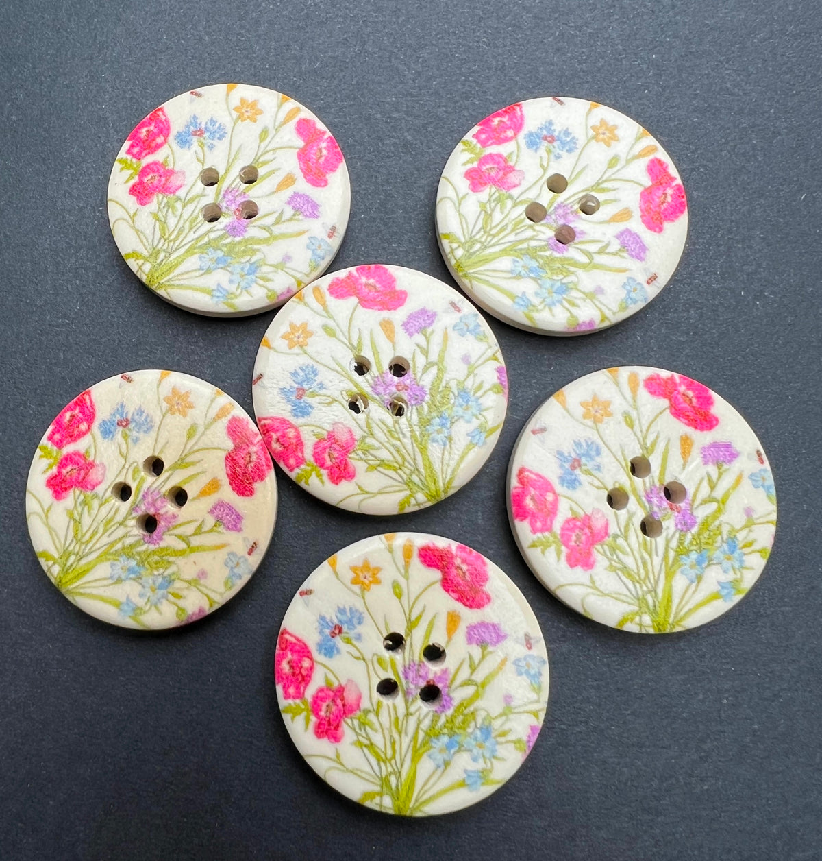 6 Big 3cm Wide Floral Wooden Buttons
