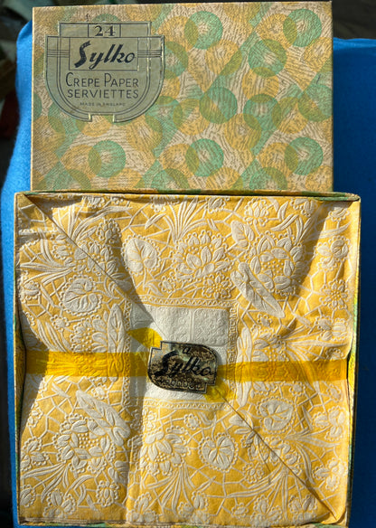 Unused 1930s Box of 24 Sylko Yellow Floral Crepe Paper Serviettes Made in England