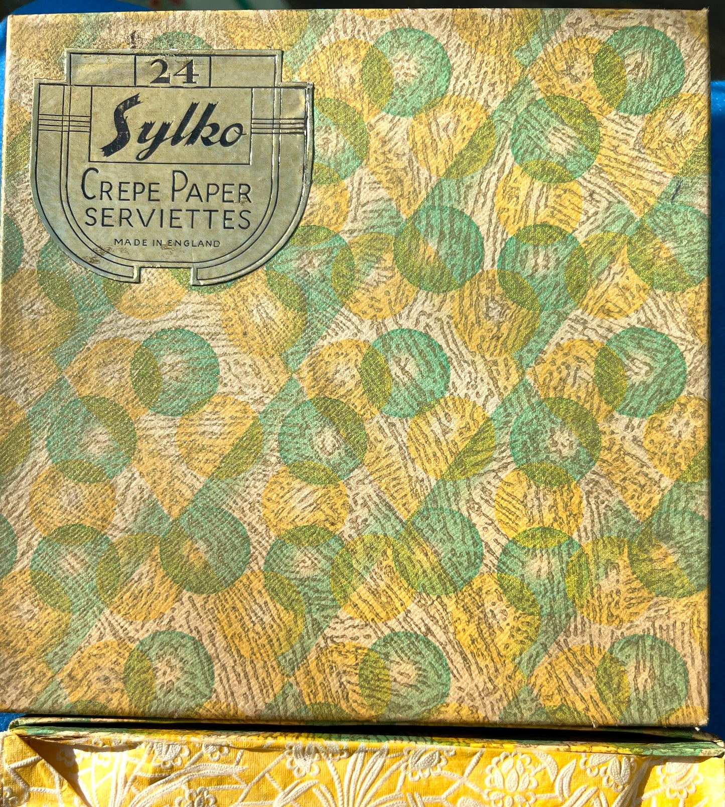 Unused 1930s Box of 24 Sylko Yellow Floral Crepe Paper Serviettes Made in England