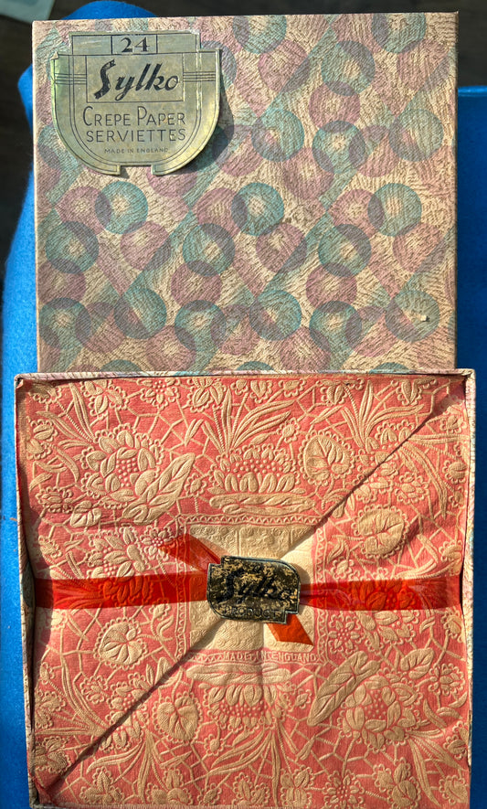 Wonderful 1930s Box containing 24 Sylko Red Floral Crepe Paper Serviettes Made in England