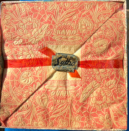 Wonderful 1930s Box containing 24 Sylko Red Floral Crepe Paper Serviettes Made in England