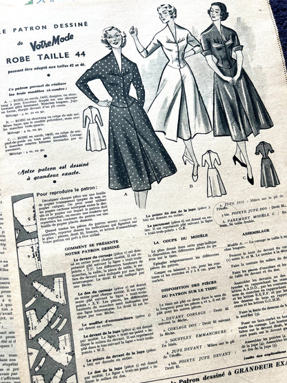 3rd February 1955 French Women's Magazine Votre Mode incl  Dress Pattern