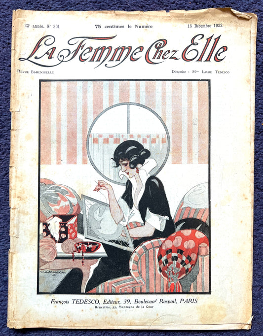 Absorbed in Needlework on Front Cover of 15th December 1922 French Review "La Femme Chez Elle" incl Patterns