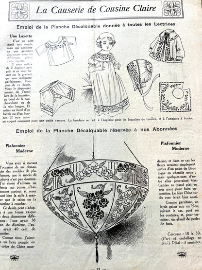 Absorbed in Needlework on Front Cover of 15th December 1922 French Review "La Femme Chez Elle" incl Patterns