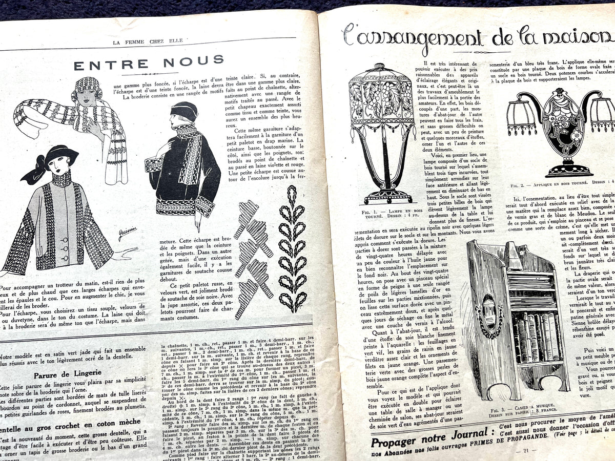 Absorbed in Needlework on Front Cover of 15th December 1922 French Review "La Femme Chez Elle" incl Patterns