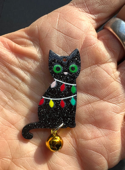 Delightful Glittery Black Kittens Adorned with Christmas Lights - Pendant or Charm