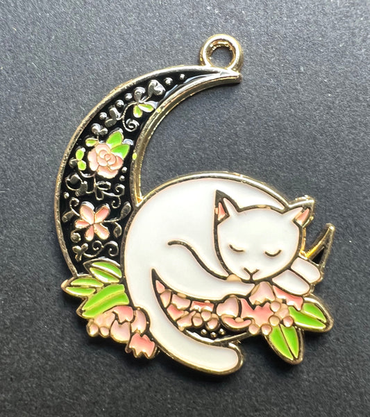 Pretty Enamel 3cm Sleeping Cat in Crescent Moon Charm / Pendant