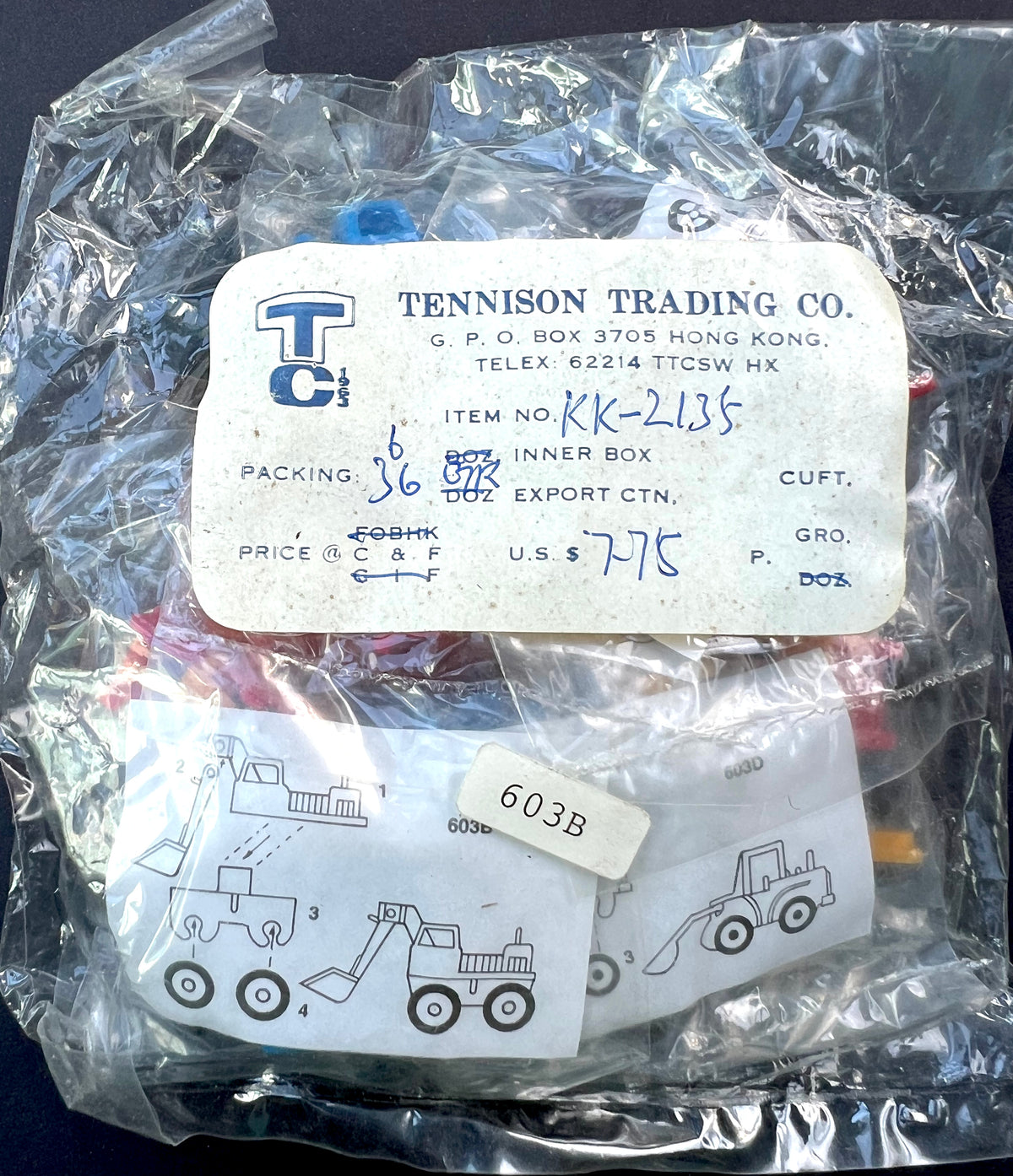 Vintage Hong Kong Salesman's Sample - 6 Build It Yourself Brightly Coloured Diggers, Lorries Etc