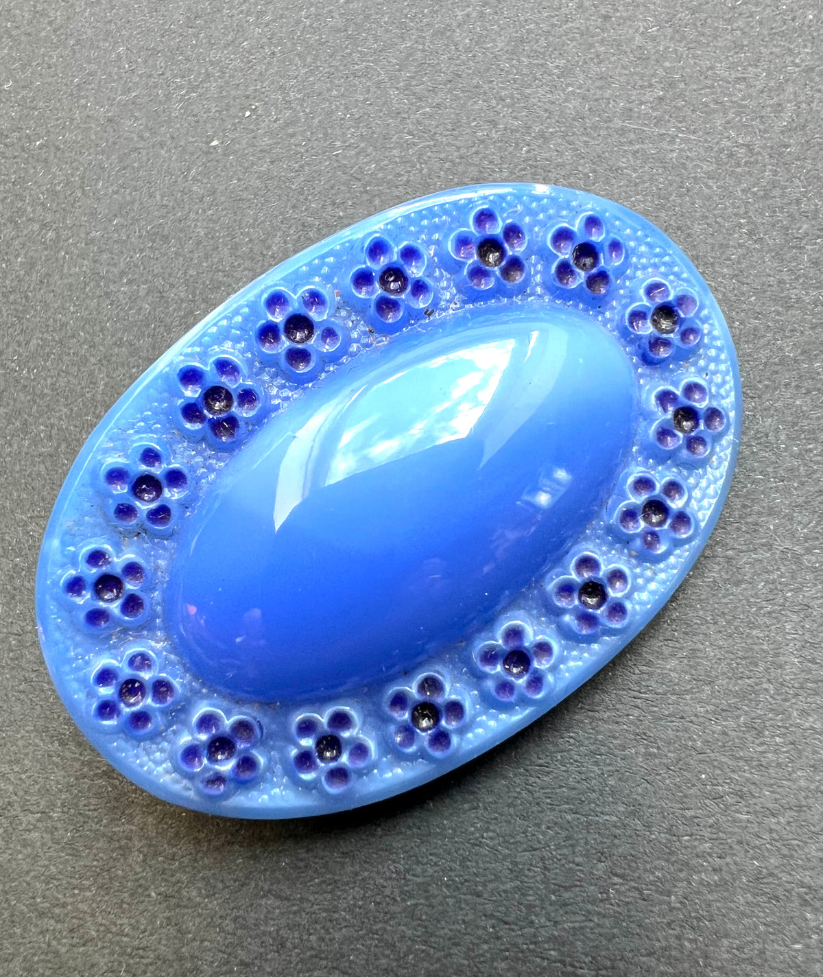 Unusual Blue Pressed Glass Vintage Brooch.