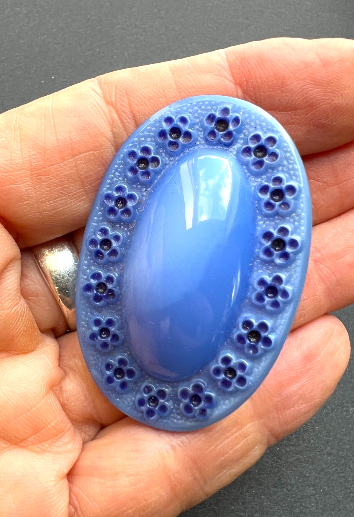 Unusual Blue Pressed Glass Vintage Brooch.