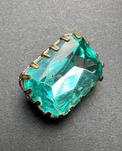 Mid Century Faceted Turquoise Glass Brooch Slightly Tarnished