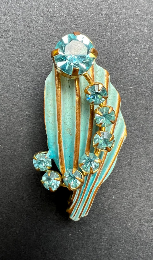 Vintage Light Blue Enamel Leaf and Sparkly Blue Crystal Flower Brooch