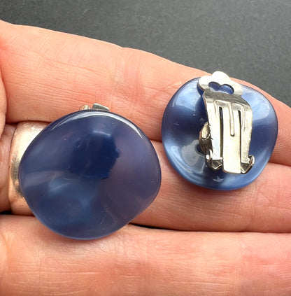 Dimpled Shiny Blue Lucite Vintage Clip On Earrings