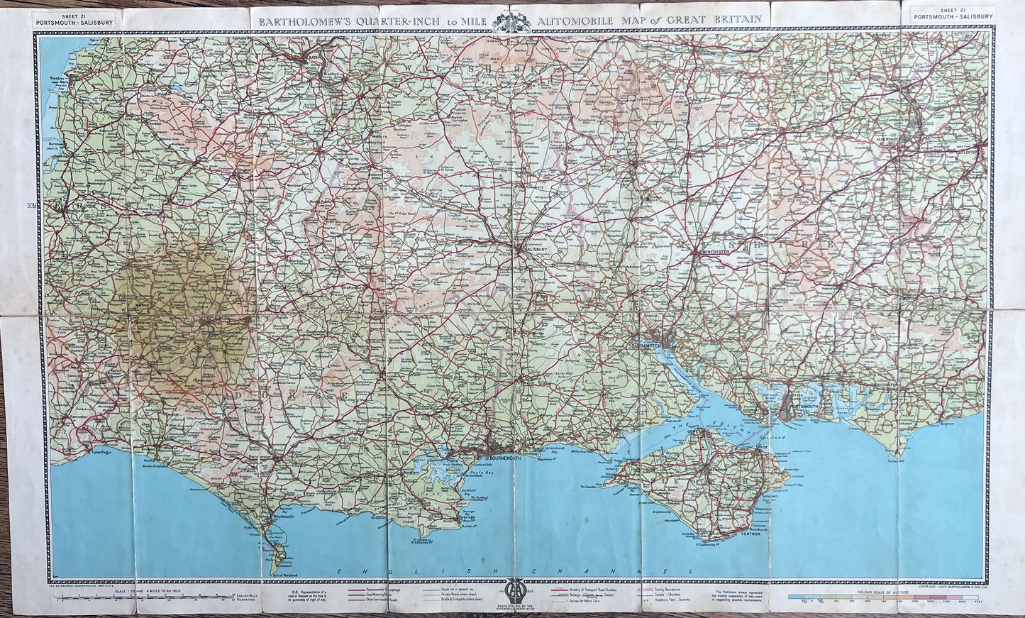 1930s PORTSMOUTH - SALISBURY (21) 1940s Bartholomew's Quarter Inch Automobile Map of Great Britain