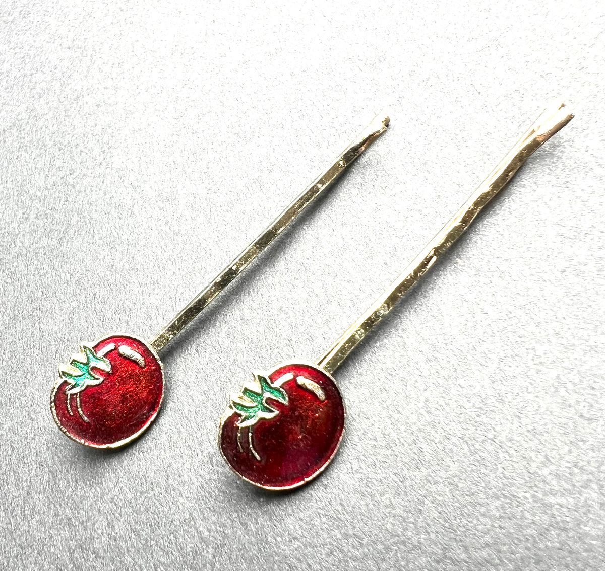 2 Vintage Enamel Tomato Hair Pins