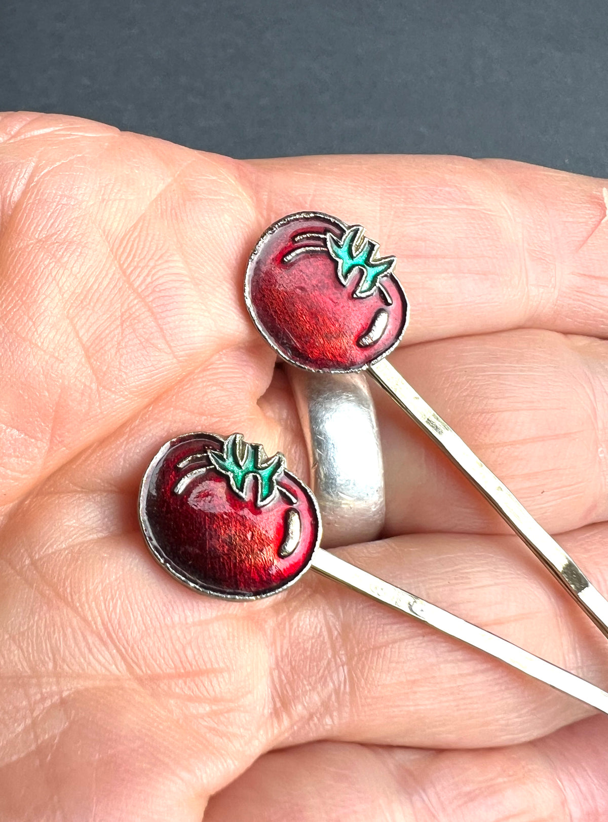 2 Vintage Enamel Tomato Hair Pins