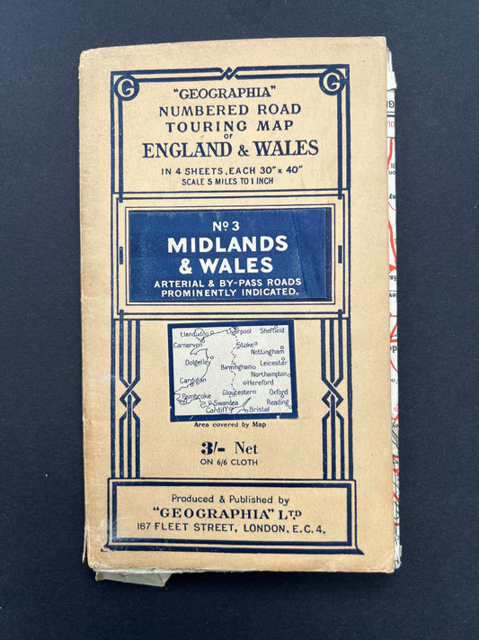 1940/50s Geographica Numbered Road Touring MAP No 3 MIDLANDS and WALES