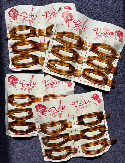 Job Lot of 4 Sheets of 6 1950s French  Amber Plastic Hair Barrettes - slightly worn.