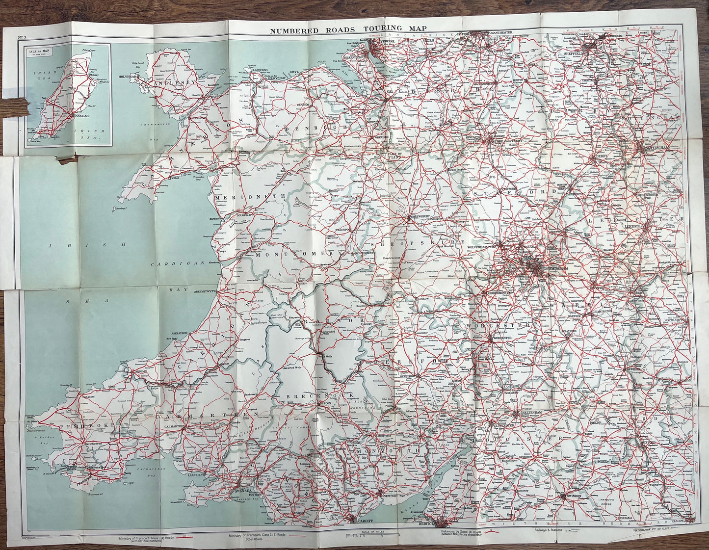 1940/50s Geographica Numbered Road Touring MAP No 3 MIDLANDS and WALES